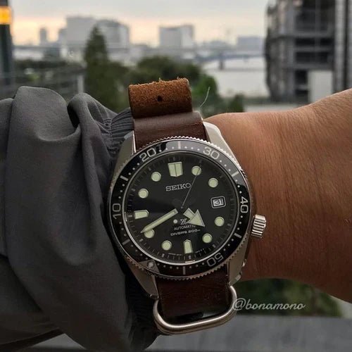 time+ 5-ring Oil Leather Military Watch Strap Brown on SEIKO SPB077 - time+