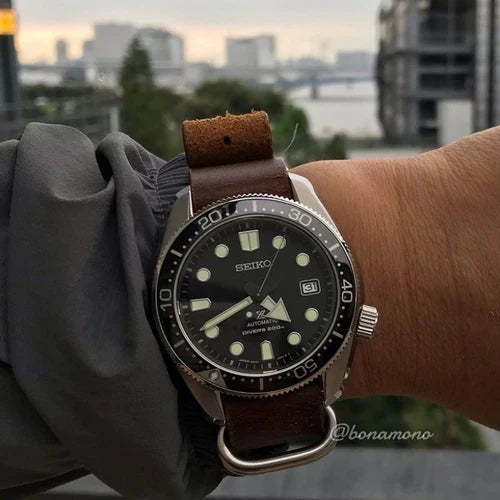 time+ 5-ring Oil Leather Military Watch Strap Brown on SEIKO SPB077