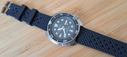 time+ FKM Rubber Tropical Quick Release Watch Strap Black on SEIKO Turtle - time+
