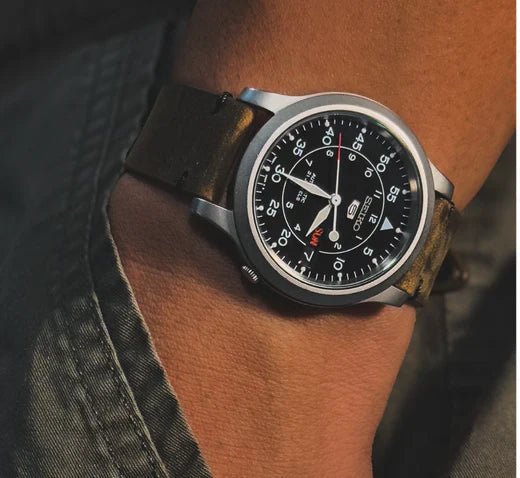 time+ 2 Piece Distressed Leather Watch Strap Band Vintage Brown on SEIKO 5 SNK809 - time+