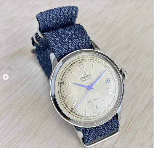 time+ Perlon Military Watch Strap Navy on ORIENT BAMBINO - time+