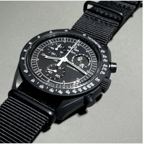 time+ Ballistic Nylon Military Watch Strap Black on OMEGA X Swatch - MoonSwatch - time+