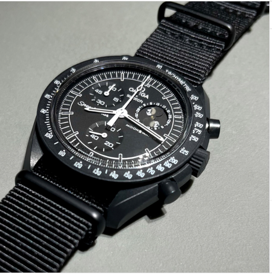 time+ Ballistic Nylon Military Watch Strap Black on OMEGA X Swatch - MoonSwatch