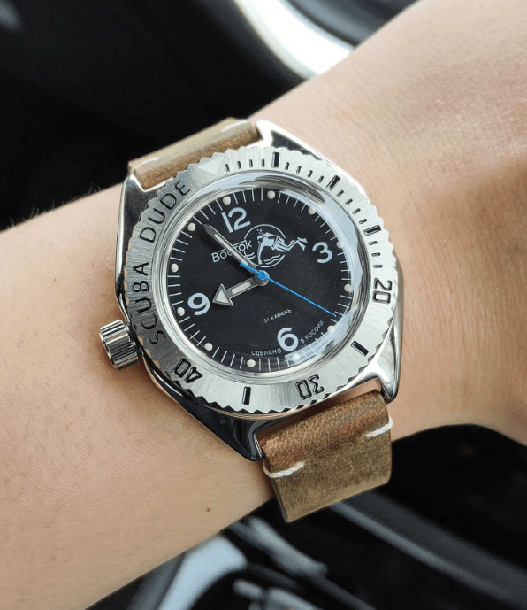 time+ 2 Piece Distressed Leather Watch Strap Vintage Brown on VOSTOK mod - time+