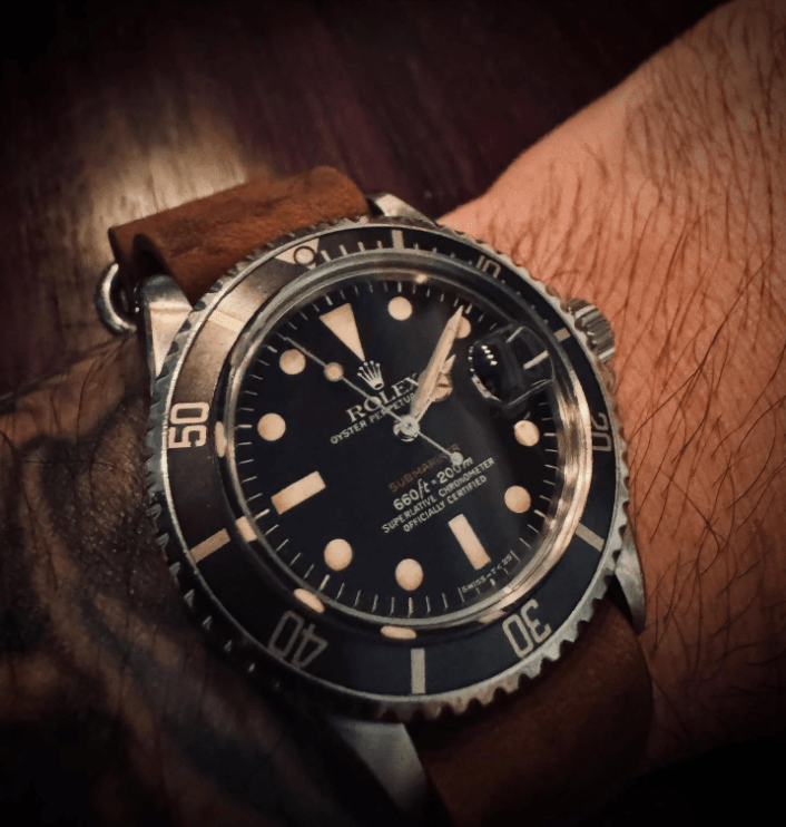 time+ 5-ring Distressed Leather Military Watch Strap Vintage Brown on ROLEX - time+
