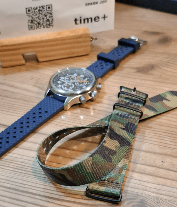 time+ FKM Rubber Tropical Quick Release Watch Strap Navy ＆ Nylon Camouflage Military Watch Strap on TIMEX Expedition Chronograph - time+