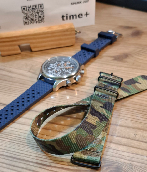 time+ FKM Rubber Tropical Quick Release Watch Strap Navy ＆ Nylon Camouflage Military Watch Strap on TIMEX Expedition Chronograph