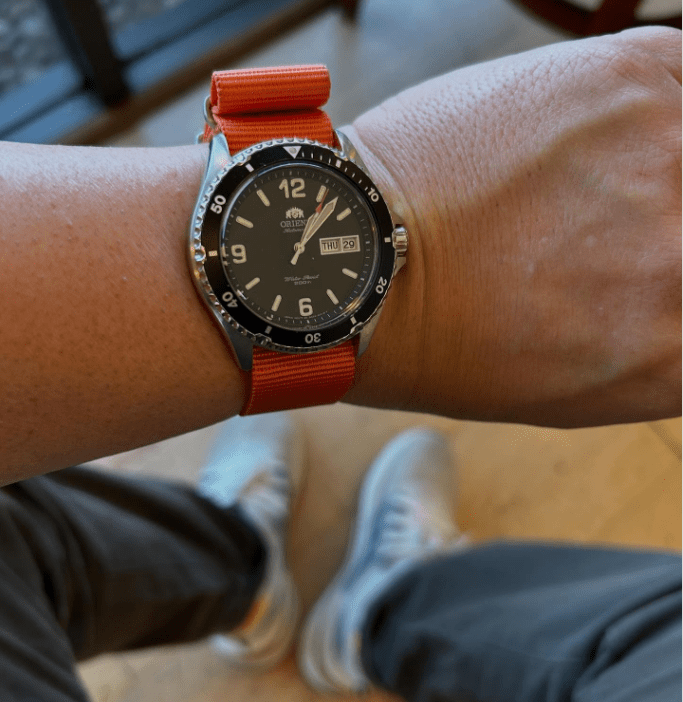 time+ Ballistic Nylon Military Watch Strap Orange on ORIENT Diver - time+