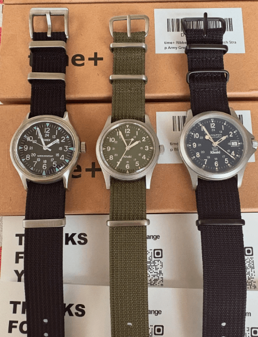 time+ Ribbed Nylon Military Watch Strap Black & Army Green on TIMEX & HAMILTON - time+