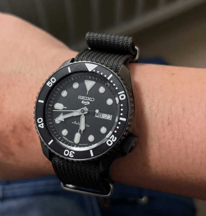 time+ Ribbed Nylon Military Watch Strap Black on SEIKO 5 Sports - time+