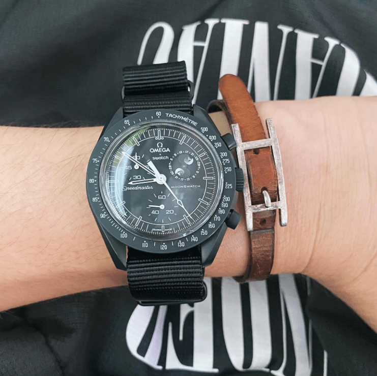 time+ Ballistic Nylon Military Watch Strap Black on OMEGA x swatch - time+