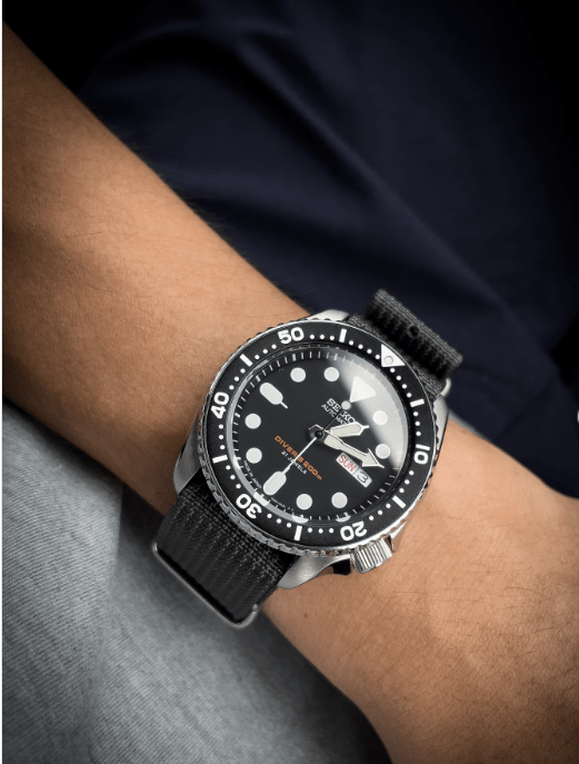 time+ Ribbed Nylon Military Watch Strap Black on SEIKO SKX007 - time+