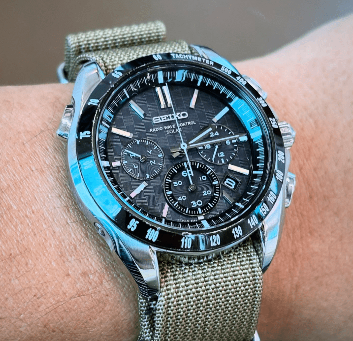 time+ Ribbed Nylon Military Watch Strap Light Grey on SEIKO BRIGHTZ - time+