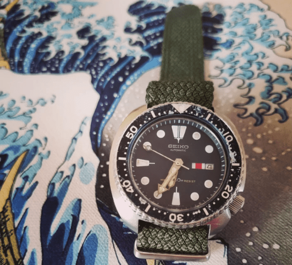 time+ Perlon Military Watch Strap Green on SEIKO Diver 6039-7040 - time+