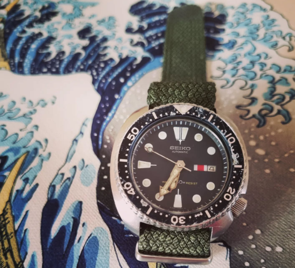 time+ Perlon Military Watch Strap Green on SEIKO Diver 6039-7040