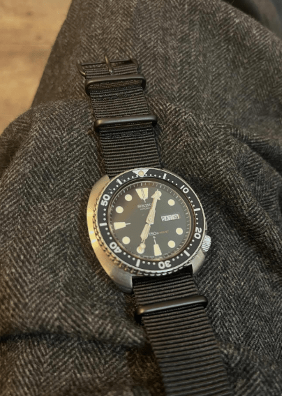 time+ Ballistic Nylon Military Watch Strap Black - Matte Black on SEIKO Turtle - time+