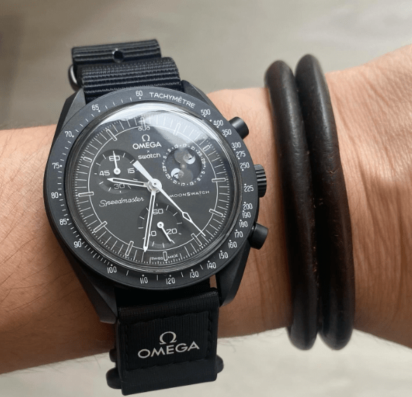 time+ Ballistic Nylon Military Watch Strap Black - Matte Black on OMEGA x swatch MOONSWATCH - time+