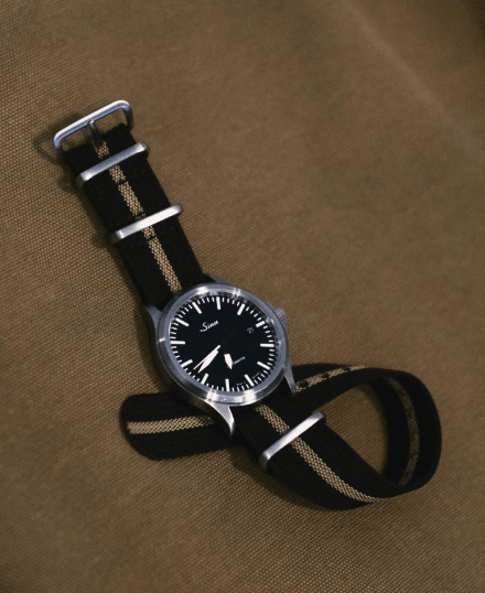 time+ Ribbed Nylon Military Watch Strap Black & Beige on Sinn 556 - time+
