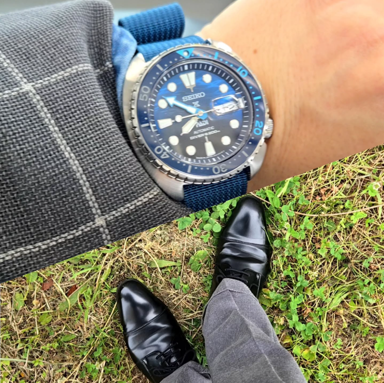 time+ Ribbed Nylon Military Watch Strap / Navy - Brushed on SEIKO Divers - time+