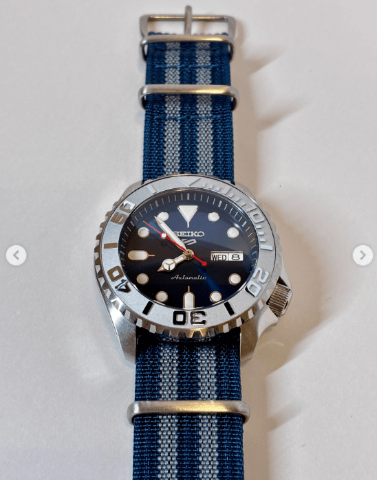 time+ Ribbed Nylon Military Watch Strap / Navy Bond - Brushed on SEIKO 5 MOD - time+