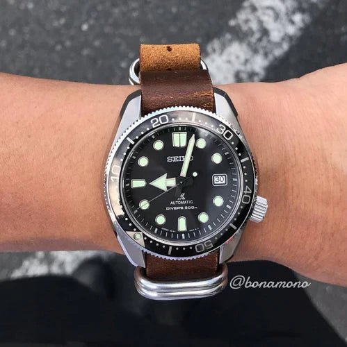 time+ 5-ring Oil Leather Military Watch Strap Brown on SEIKO SPB077 - time+