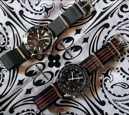 time+ Ballistic Nylon Military Watch Strap Dark Grey & Vintage Bond on OMEGA Seamaster & OMEGA X Swatch MoonSwatch