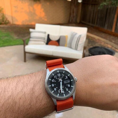 time+ Ballistic Nylon Military Watch Strap Orange on SEIKO 5 - time+