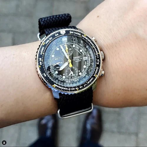 time+ Perlon Military Watch Strap Black on SEIKO CHRONOGRAGH SNA411P1 - time+