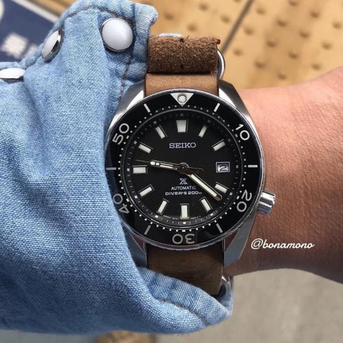 time+ 5-ring Distressed Leather Military Watch Strap Vintage Brown on SEIKO DIVERS SBDC031 - time+