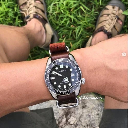 time+ 5-ring Oil Leather Military Watch Strap Dark Brown on  SEIKO SBDC061 - time+