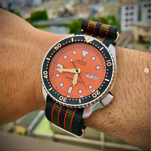 time+ Ballistic Nylon Military Watch Strap Vintage Bond on SEIKO Orange Boy - time+