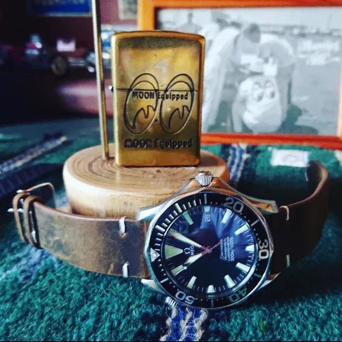 time+ 2 Piece Distressed Vintage Leather Watch Strap Brown on OMEGA Seamaster - time+