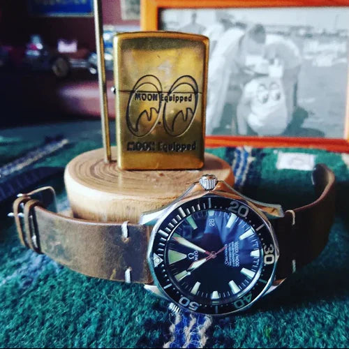 time+ 2 Piece Distressed Vintage Leather Watch Strap Brown on OMEGA Seamaster
