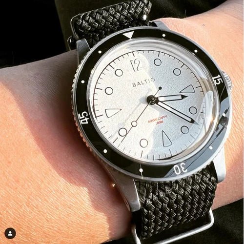 time+ Perlon Military Watch Strap Black on  BALTIC AQUASCAPHE White - time+