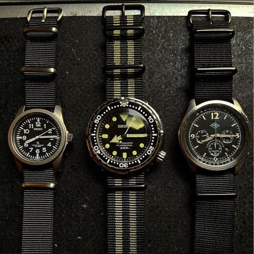 time+ Ballistic Nylon Military Watch Strap Bond & Black &Dark Grey on SEIKO… - time+