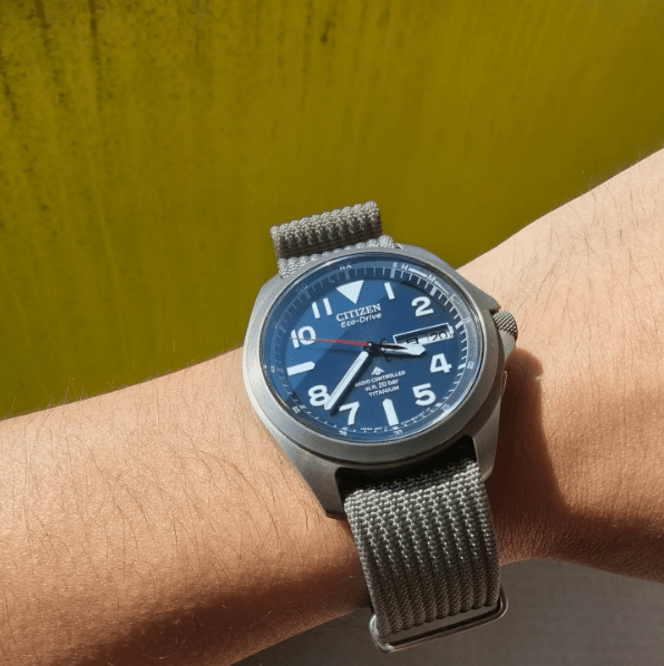 time+ Ribbed Nylon Military Watch Strap / Light Grey - Brushed on CITIZEN PROMASTER - time+