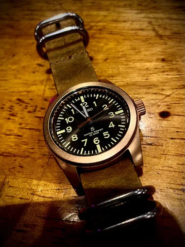 time+ 5-ring Distressed Leather Military Watch Strap Vintage Brown on SEIKO nanouniverse
