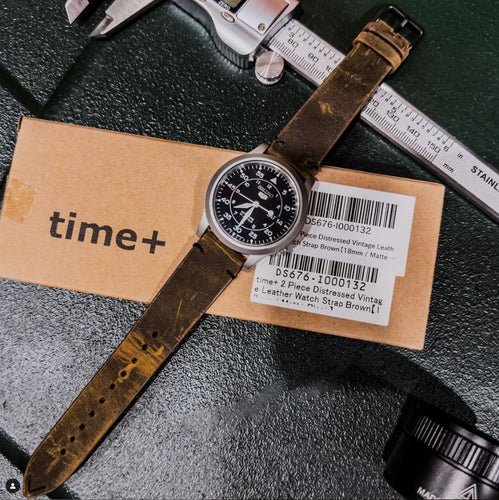 time+ 2 Piece Distressed Leather Watch Strap Band Vintage Brown on SEIKO 5 7S26 - time+