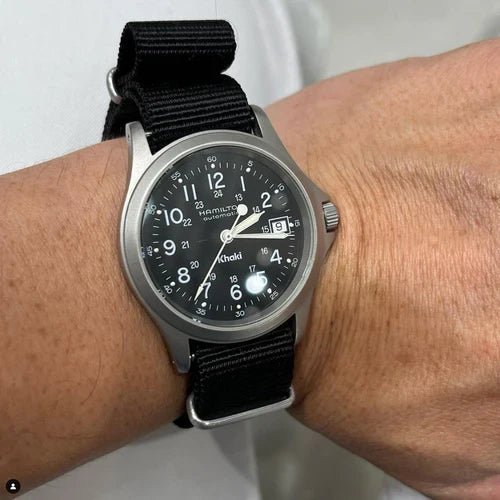 time+ Ballistic Nylon Military Watch Strap Black on HAMILTON Khaki - time+