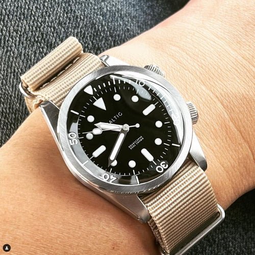 time+ Ballistic Nylon Military Watch Strap Beige on BALTIC AQUASCAPHE DUAL-CROWN - time+