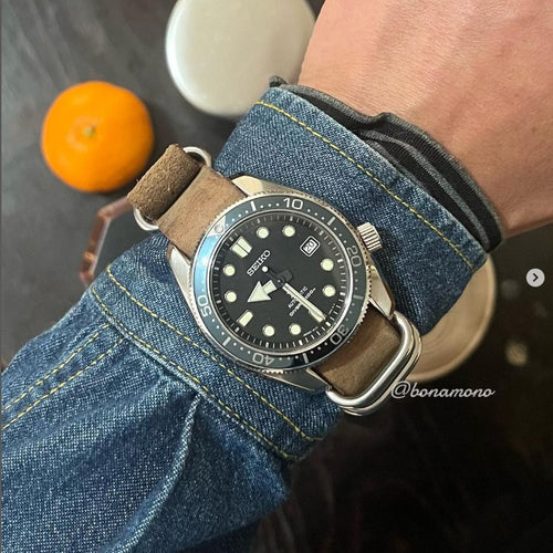 time+ 5-ring Distressed Leather Military Watch Strap Vintage Brown on SEIKO PROSPEX SBDC063 DIVER SCUBA