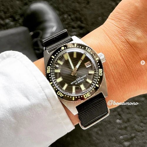 time+ Ballistic Nylon Military Watch Strap Black on SEIKO 62MAS - time+