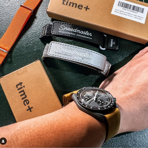 time+ 3-ring Distressed Leather Military Watch Strap Vintage Brown on OMEGA SWATCH MOONSWATCH