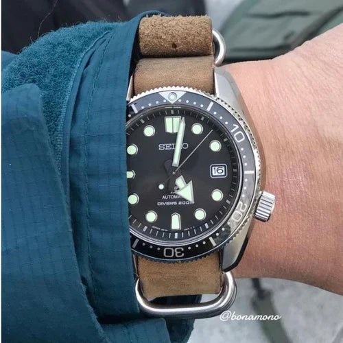 time+ 5-ring Distressed Leather Military Watch Strap Vintage Brown on SEIKO DIVERS SDBC061 - time+