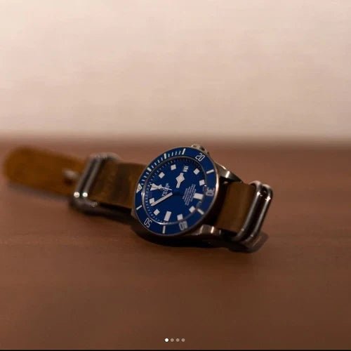 time+ 5-ring Distressed Leather Military Watch Strap Vintage Brown on TUDOR Pelagos - time+