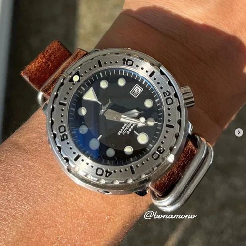 time+ 5-ring Oil Leather Military Watch Strap Dark Brown on SEIKO SBBN017 - time+