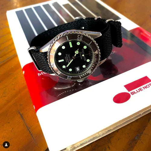 time+ Perlon Military Watch Strap Black on TECHNOS Divers