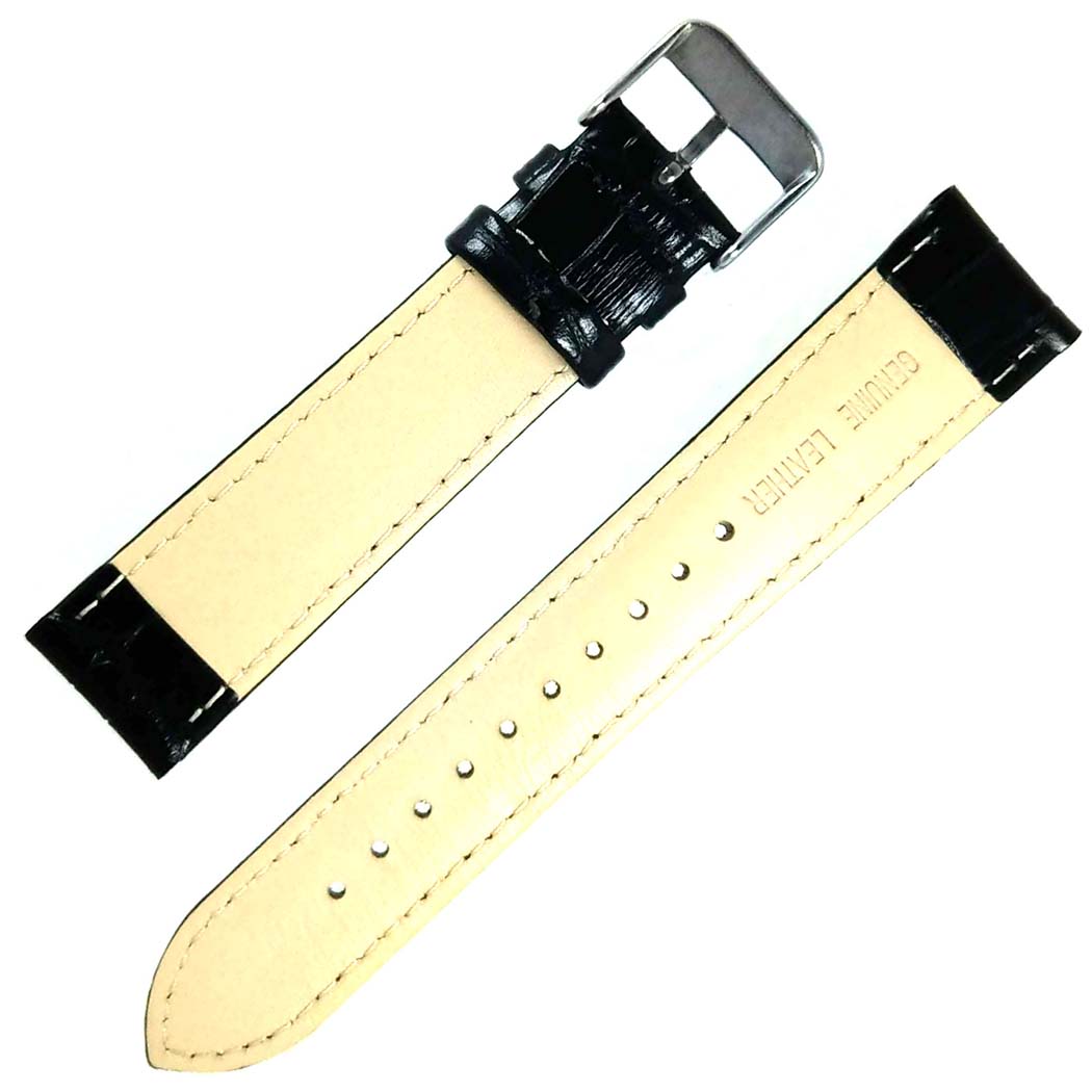 time+ 2 Piece Crocodile Embossed Leather Watch Strap Band Black