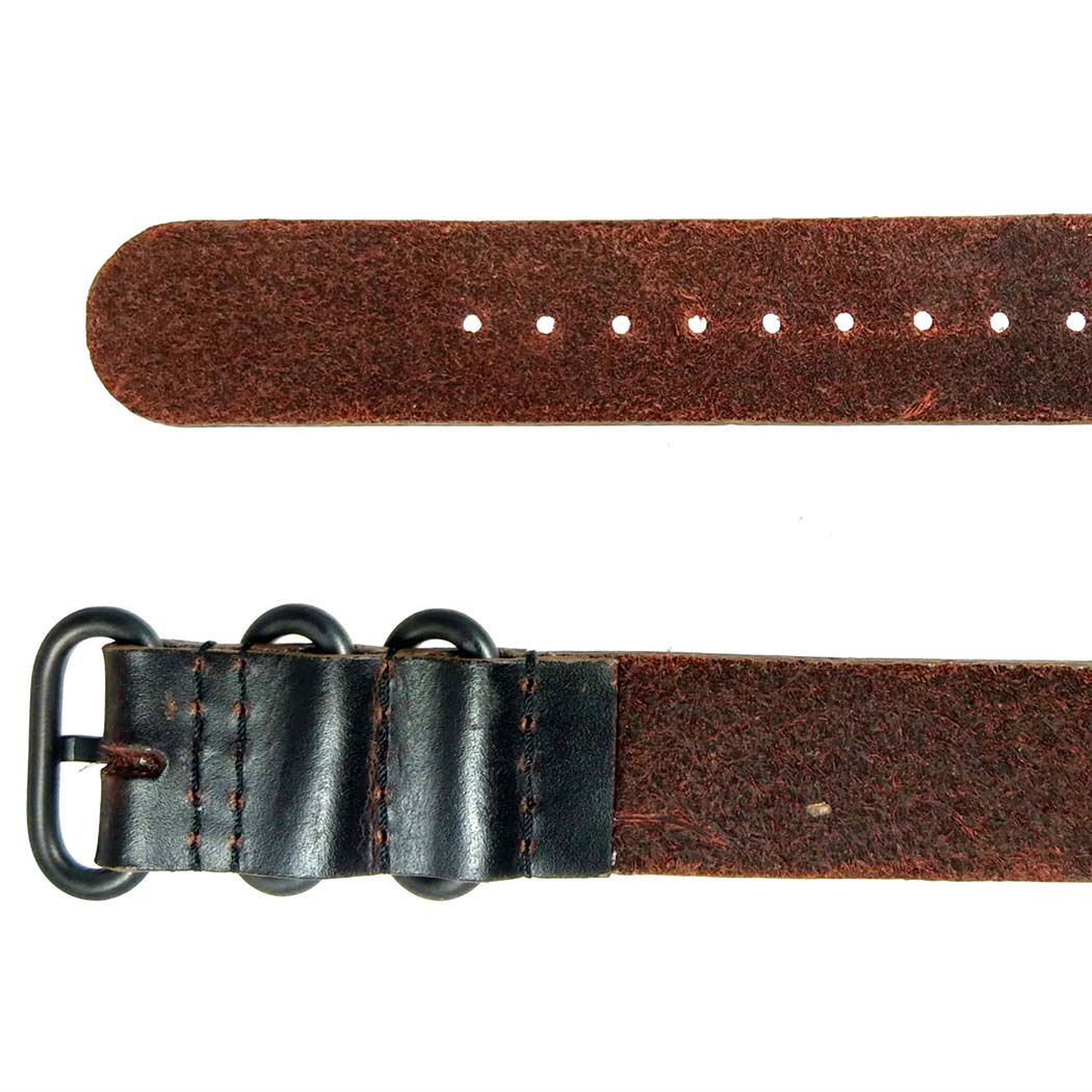 time+ 3-ring Oil Leather Military Watch Strap Dark Brown