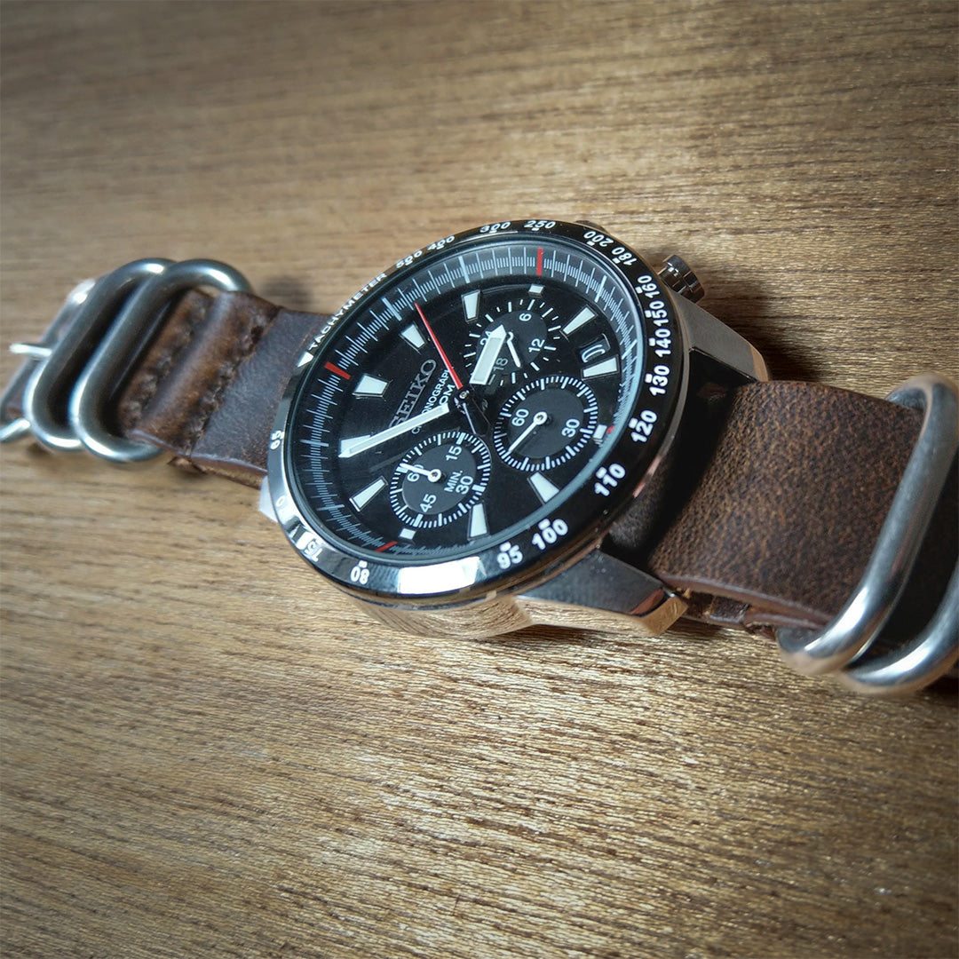 time+ 5-ring Oil Leather Military Watch Strap Brown